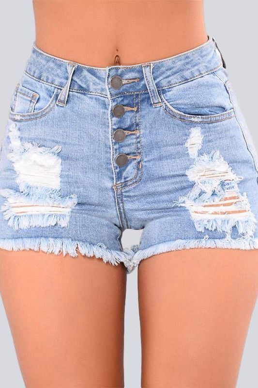 Washed Holes Fringed Denim Shorts - The Woman Concept