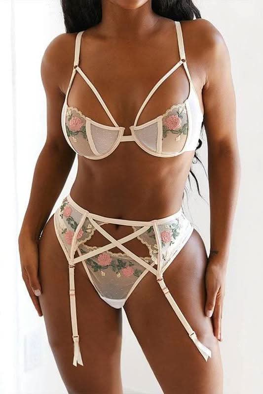 three piece sets suspender embroidered lingerie.