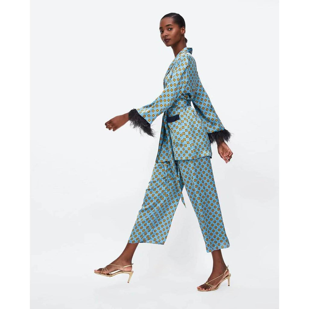 Blue Printed Kimono suit With Feather Sleeves - Side View