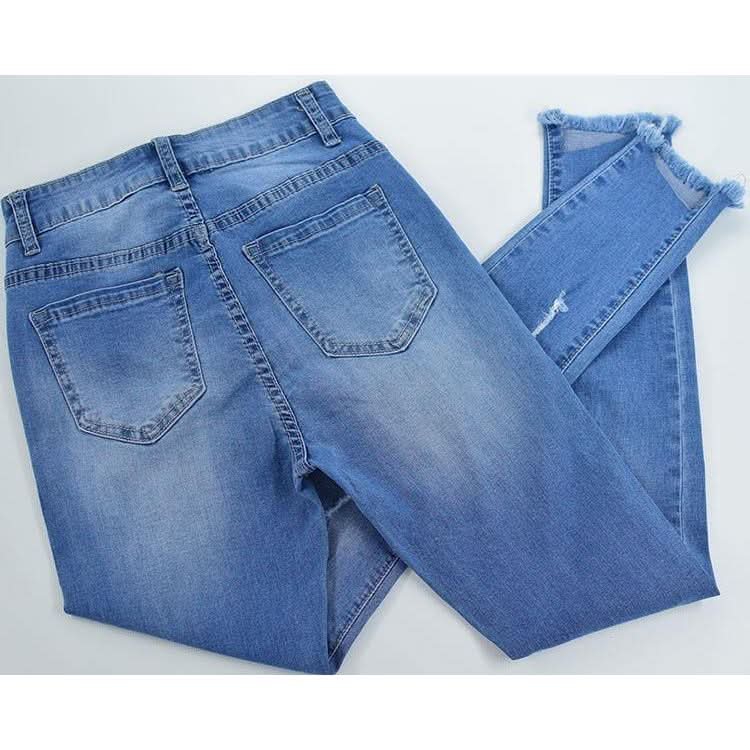 Elastic Ripped Cutout Cuff Washed Jeans - The Woman Concept