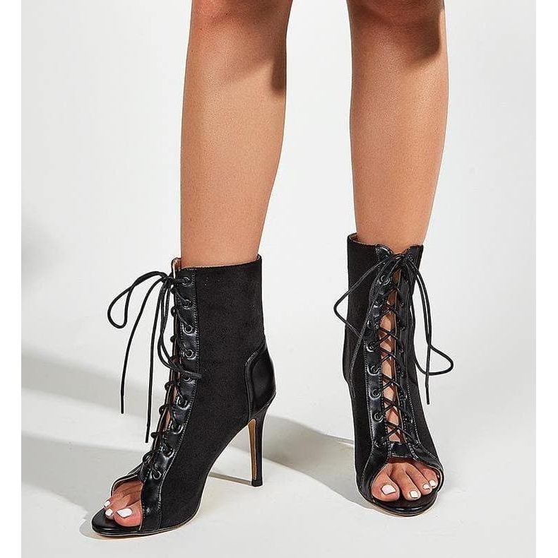 Lace-Up Stiletto Heels Black Boots.