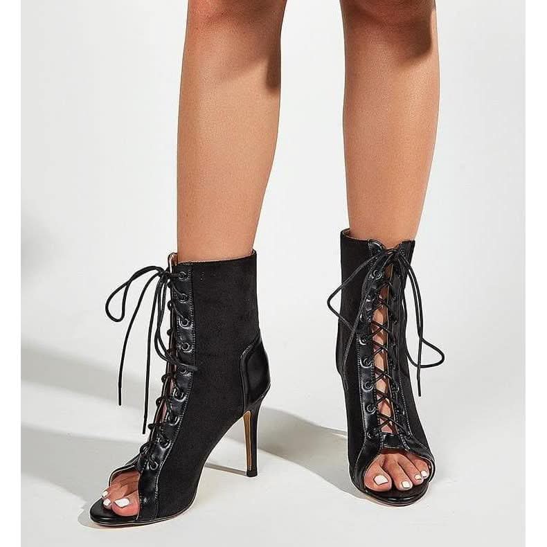 Lace-Up Stiletto Heels Black Boots.