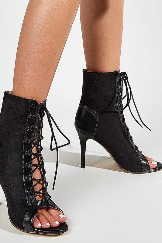 Lace-Up Stiletto Heels Black Boots.