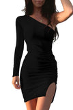 One Shoulder Side Ruched Split Bodycon.