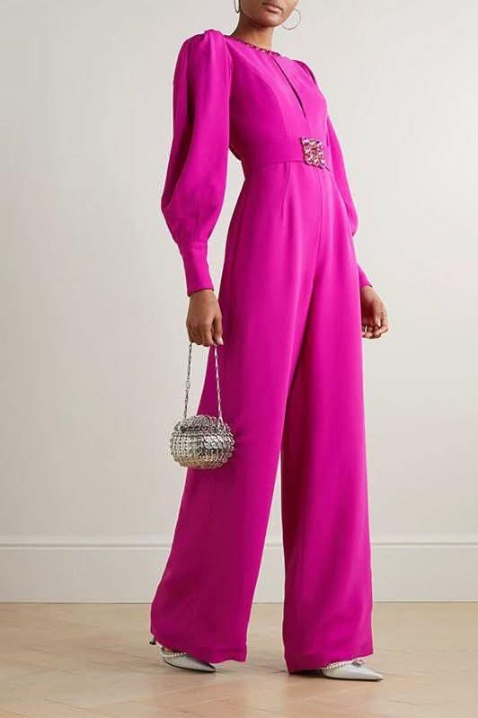 Magenta voluminous sleeves crepe jumpsuit - Front View