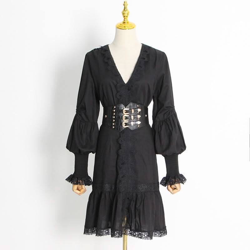 Puff Sleeve Ruffled Waist V Neck Dress - Image 5