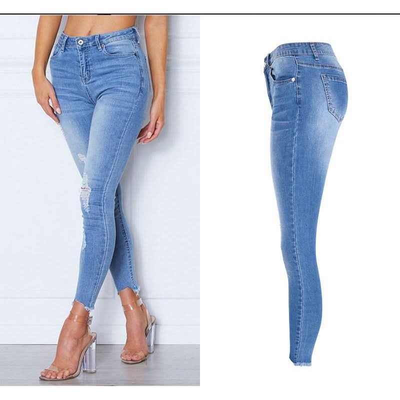 Elastic Ripped Cutout Cuff Washed Jeans - The Woman Concept
