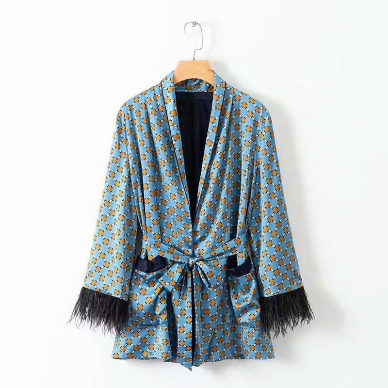 Blue Printed Kimono suit With Feather Sleeves - Image 5