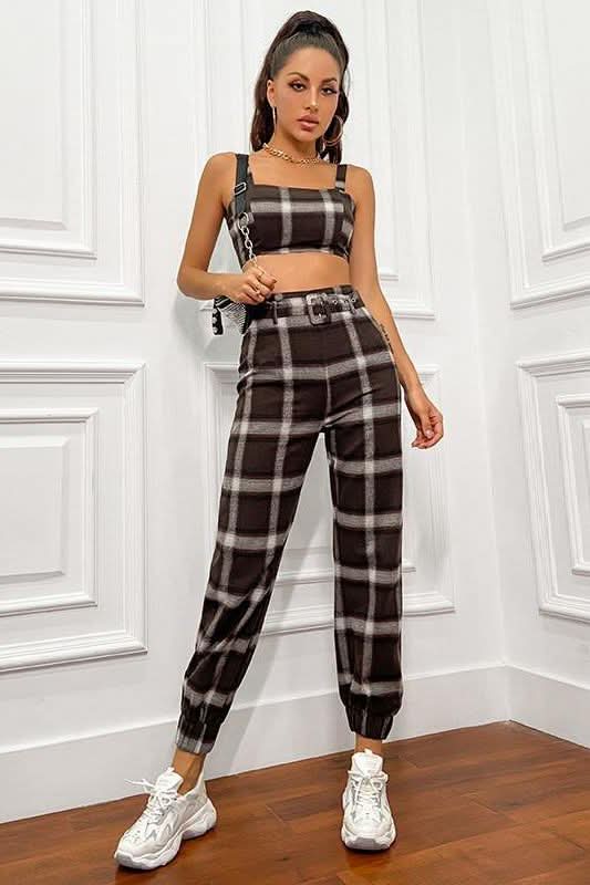 belt and buckle plaid pants.