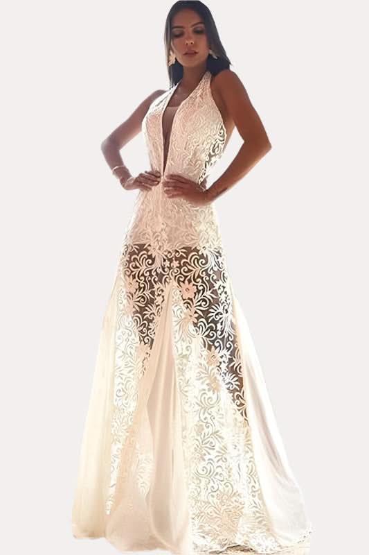 Long backless white evening dress - Front View