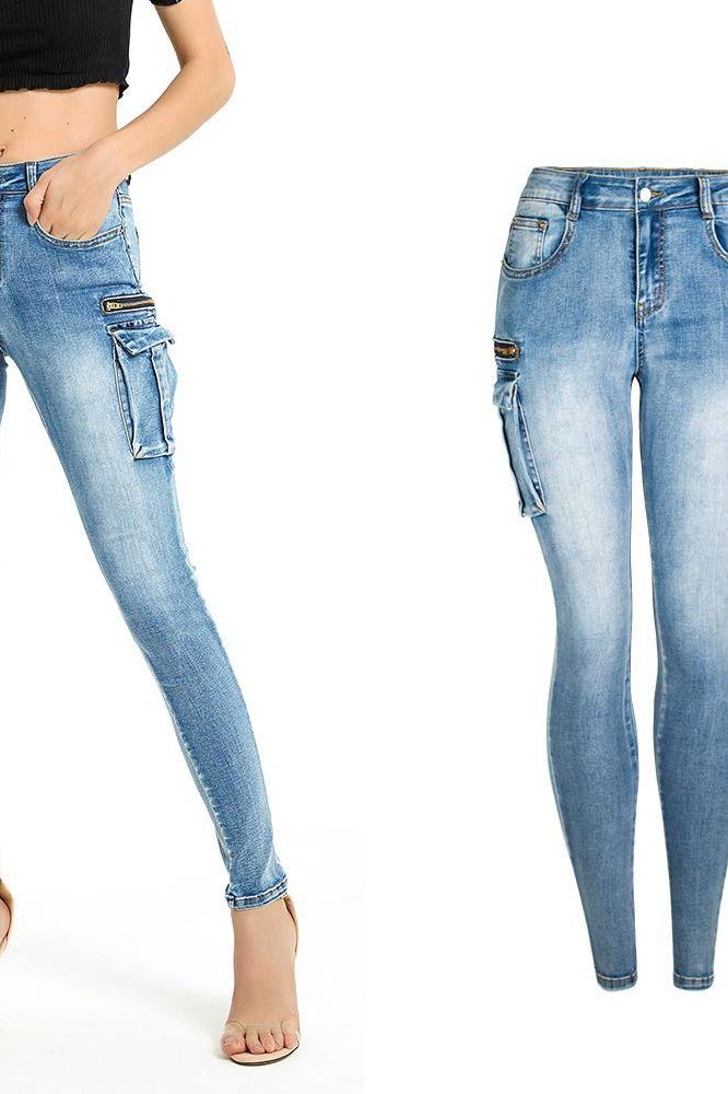 Pockets Zipper Patchwork Washed Pencil Jeans - The Woman Concept