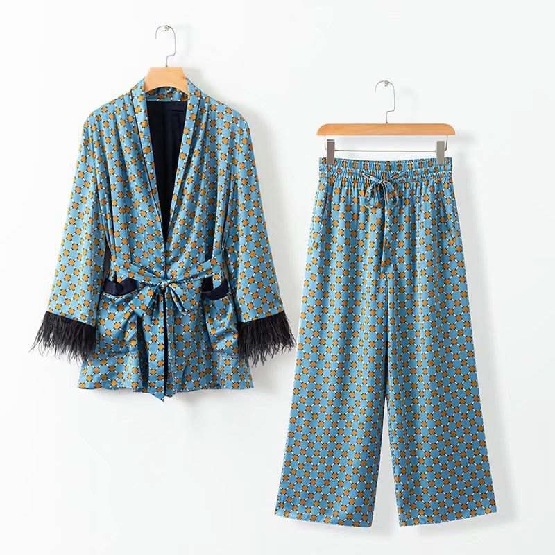 Blue Printed Kimono suit With Feather Sleeves - Image 4
