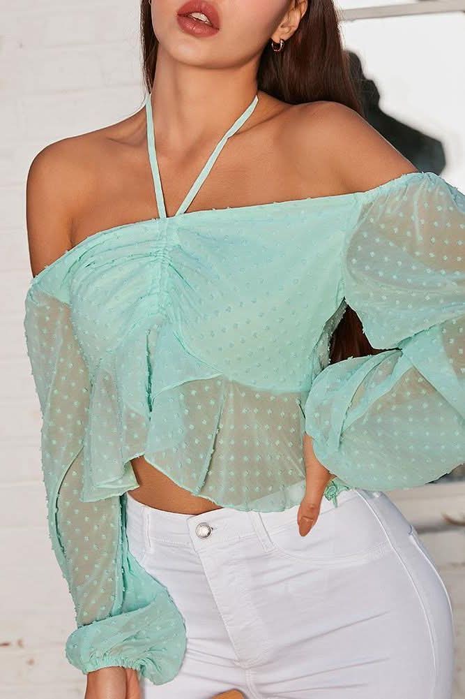 Off Shoulder Swiss Dot Peplum Top.