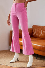 High Waist Flare Leg Corduroy Pants - S / Pink