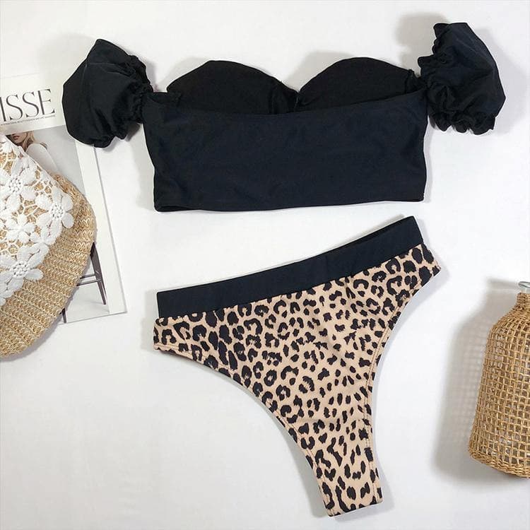 Off Shoulder Cover Up Leopard  Bikini - The Woman Concept