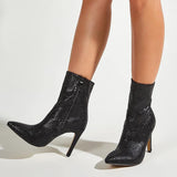 Leather Zippers Black Pointy Toe Stiletto High Heel Boot.