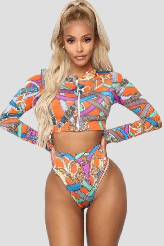 Front Zipper Long Sleeve Printed Set Swimwear.
