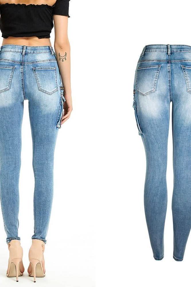 Pockets Zipper Patchwork Washed Pencil Jeans - The Woman Concept