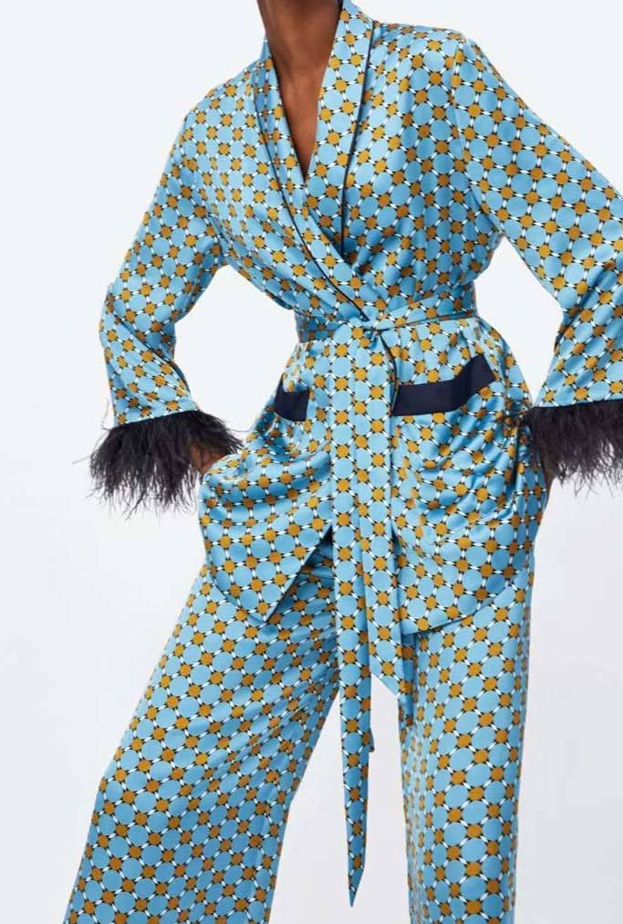 Blue Printed Kimono suit With Feather Sleeves - Front View