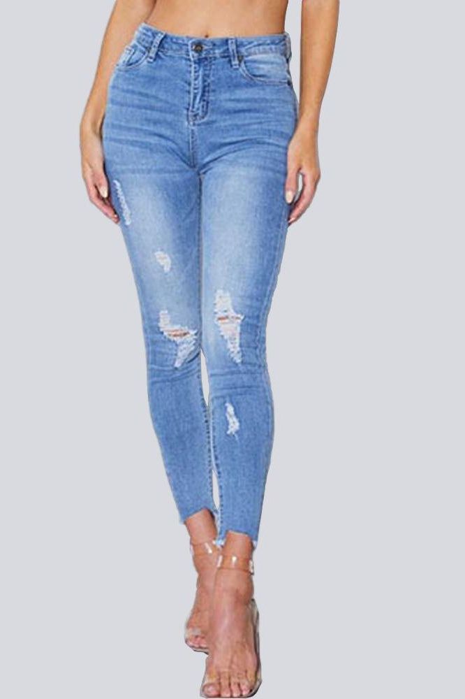 Elastic Ripped Cutout Cuff Washed Jeans - The Woman Concept