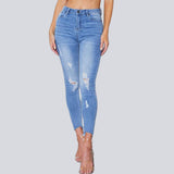 Elastic Ripped Cutout Cuff Washed Jeans