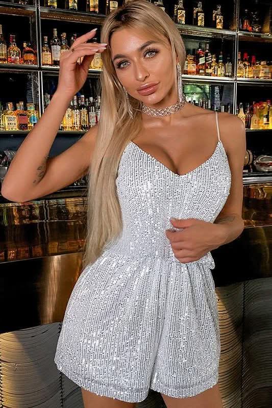 V Neck Sequin Bodycon Corset Jumpsuit.