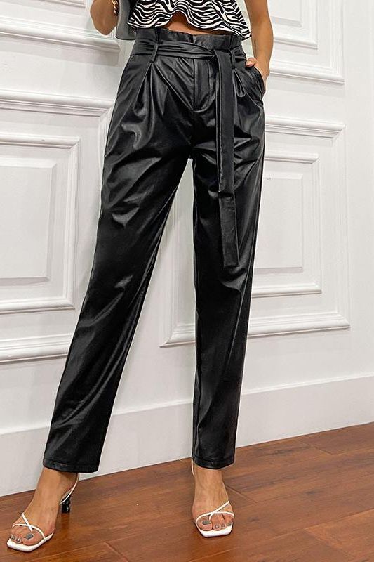 Paperbag Waist Belted Pu Leather Pants.