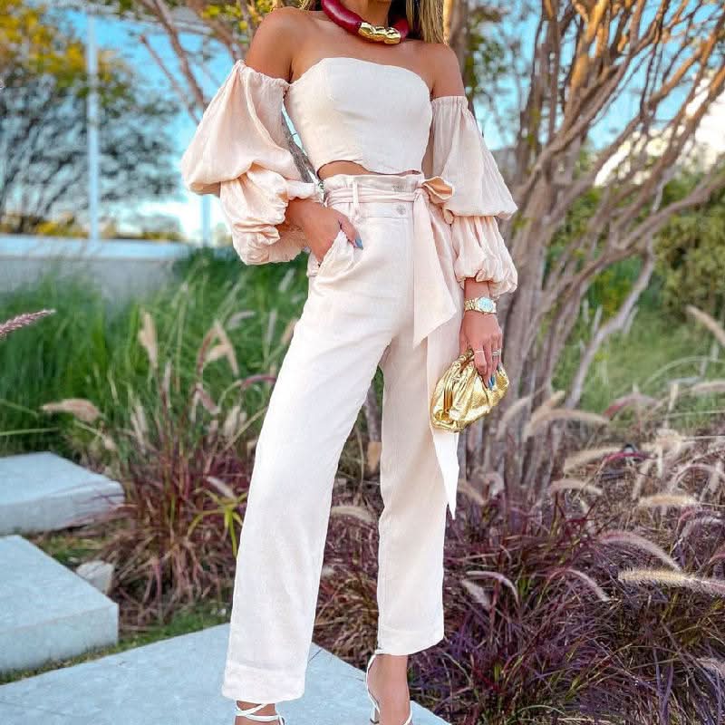 Cotton and linen one-shoulder casual suit - Side View