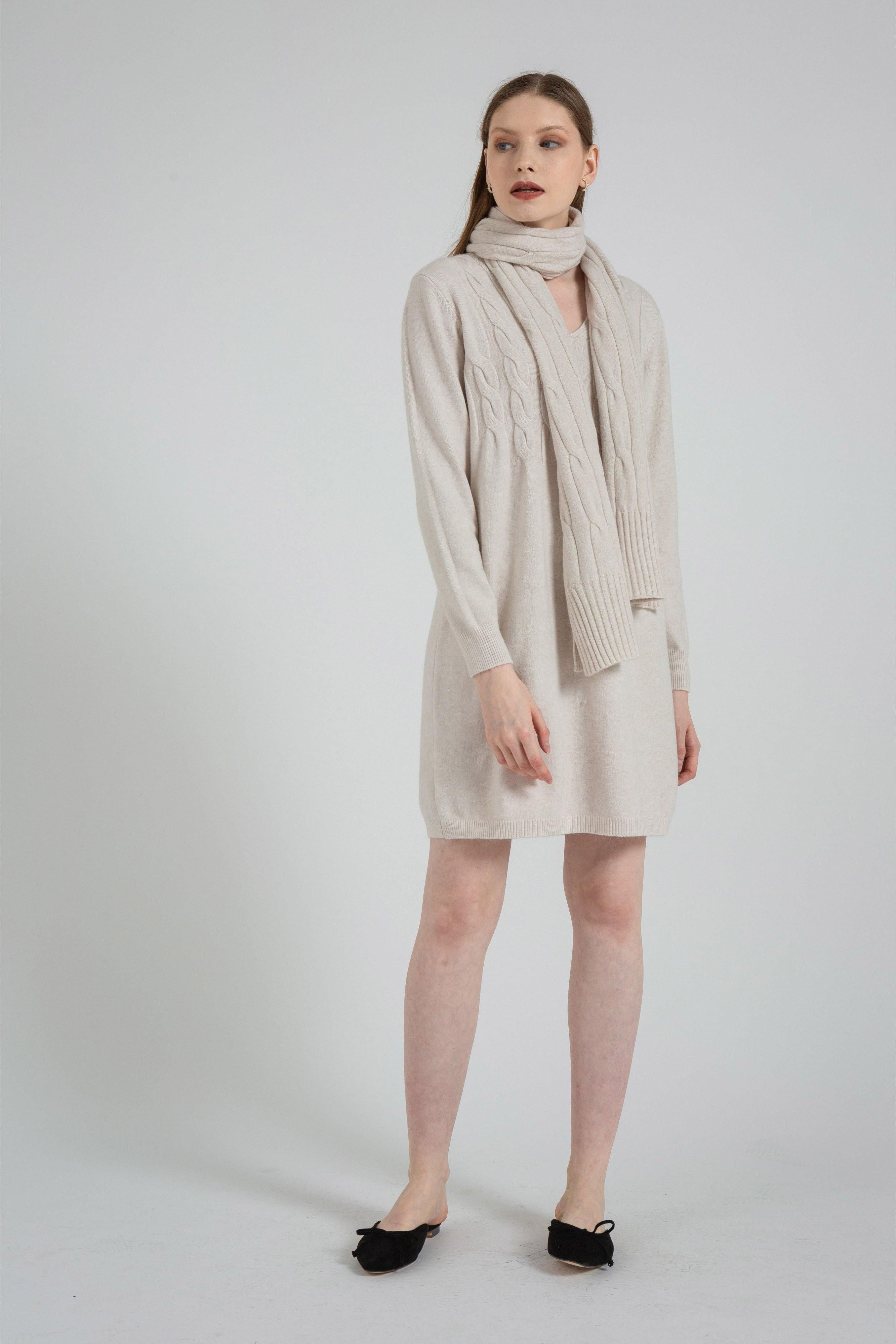 Long Sleeve Sweater Dress and Scarf - The Woman Concept