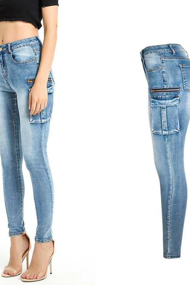 Pockets Zipper Patchwork Washed Pencil Jeans - The Woman Concept