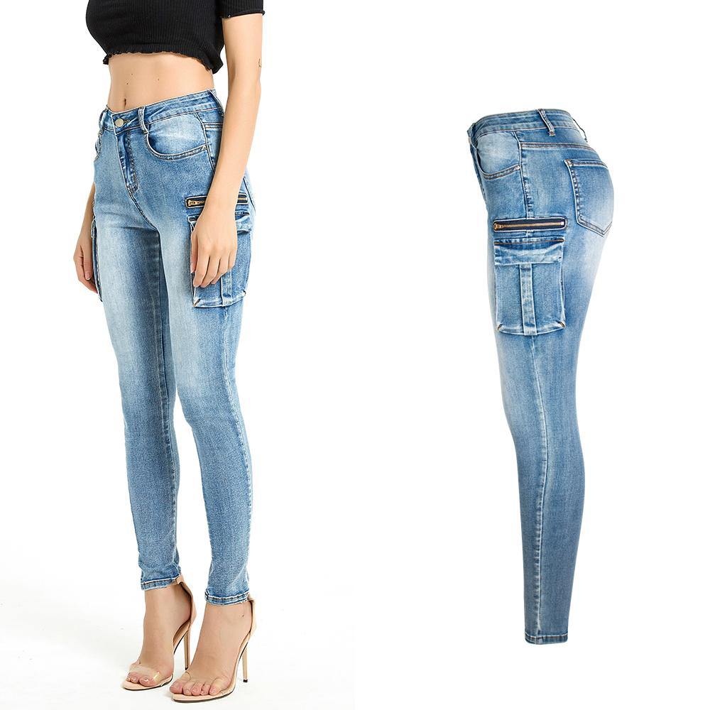 Pockets Zipper Patchwork Washed Pencil Jeans - The Woman Concept