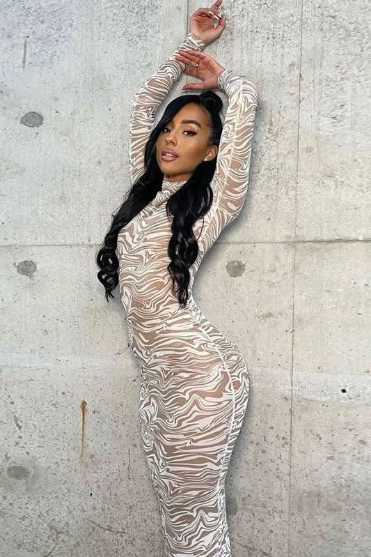 Mesh Print Woman Long Dress - Front View