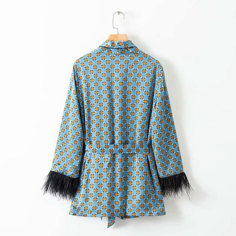 Blue Printed Kimono suit With Feather Sleeves - Image 6