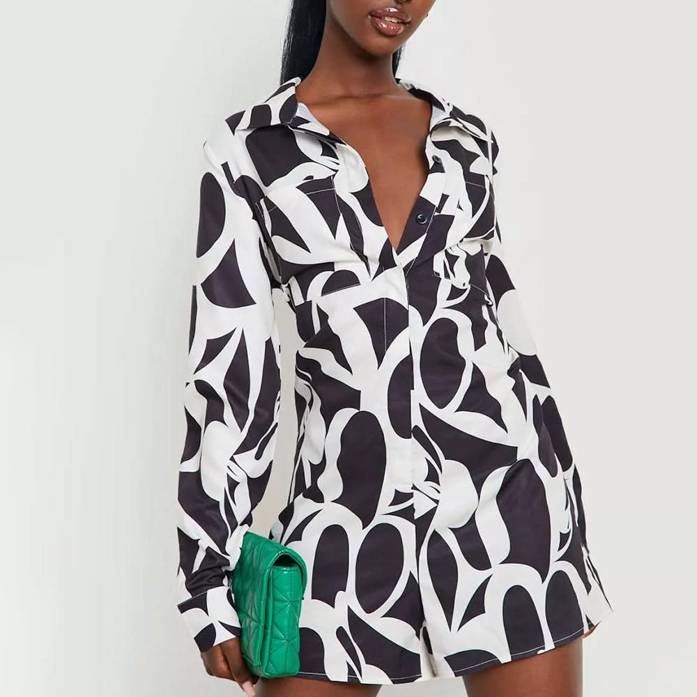 Black long sleeve short jumpsuit - Front View