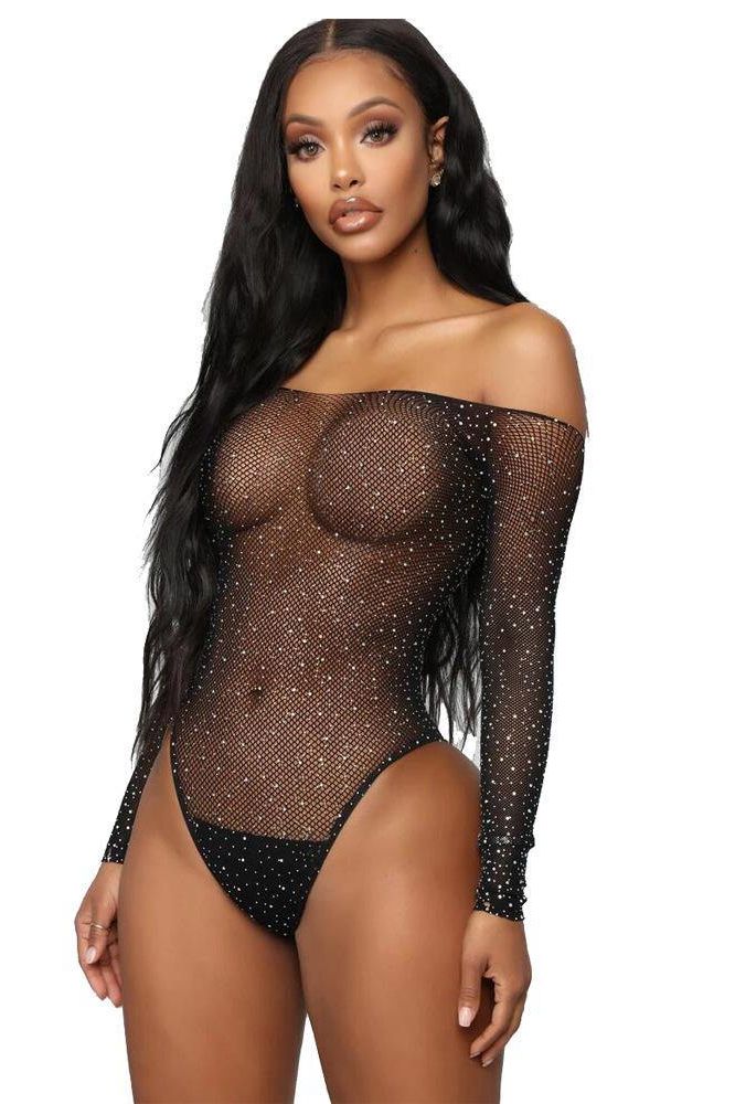 Strapless Rhinestone Mesh Stretch Bodysuit.