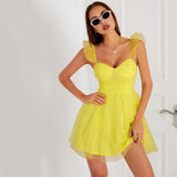 Yellow Chiffon Ruffle Hem Skater Dress.