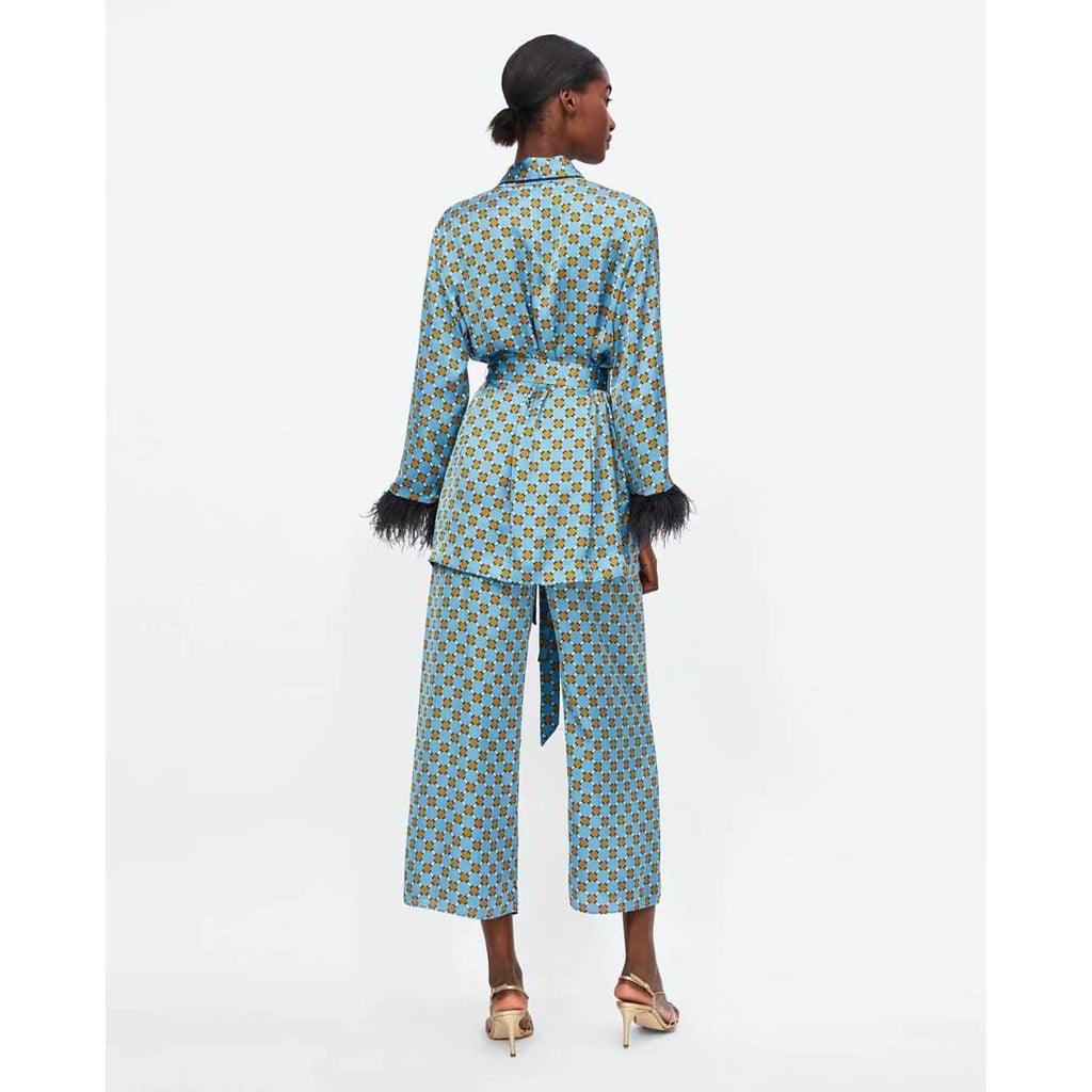 Blue Printed Kimono suit With Feather Sleeves - Detail