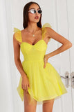 Yellow Chiffon Ruffle Hem Skater Dress.