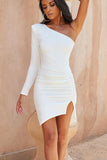 One Shoulder Side Ruched Split Bodycon.