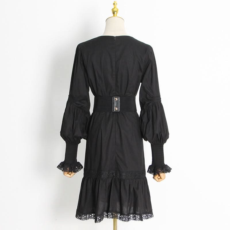 Puff Sleeve Ruffled Waist V Neck Dress - Image 6