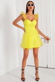 Yellow Chiffon Ruffle Hem Skater Dress.