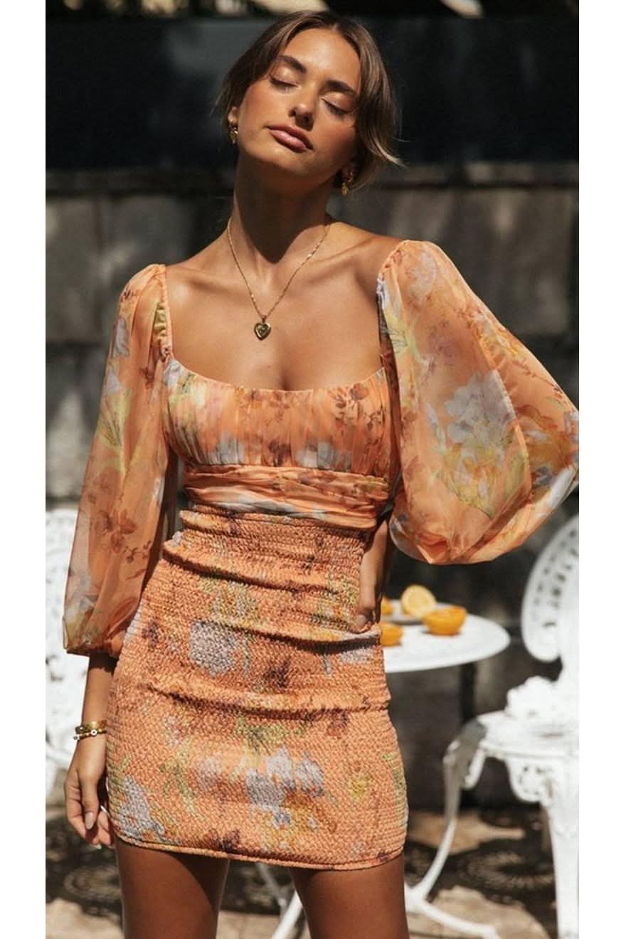 Lantern Sleeves Open Back Dress - Front View