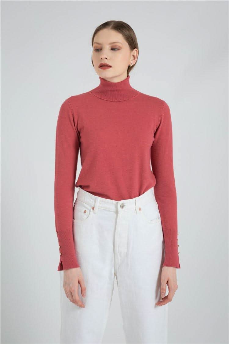 Turtleneck Sleeve Metal Button Pullover - The Woman Concept