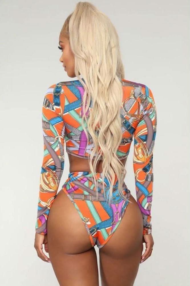 Front Zipper Long Sleeve Printed Set Swimwear.