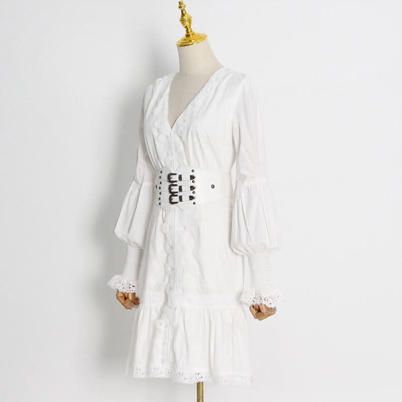 Puff Sleeve Ruffled Waist V Neck Dress - Image 4