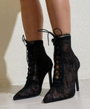 Mesh Pointy Toe Lace-Up Boots