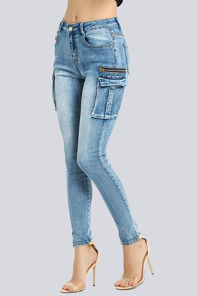 Pockets Zipper Patchwork Washed Pencil Jeans - The Woman Concept