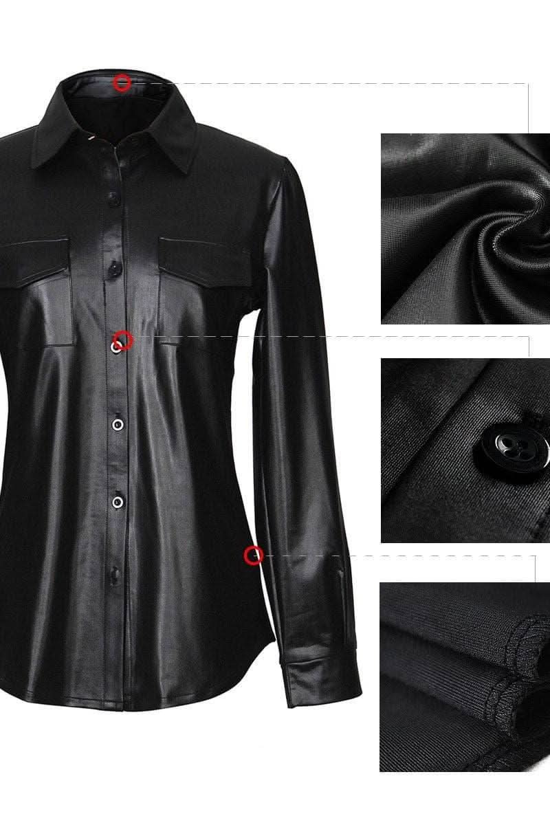 PU leather long sleeve blouse.