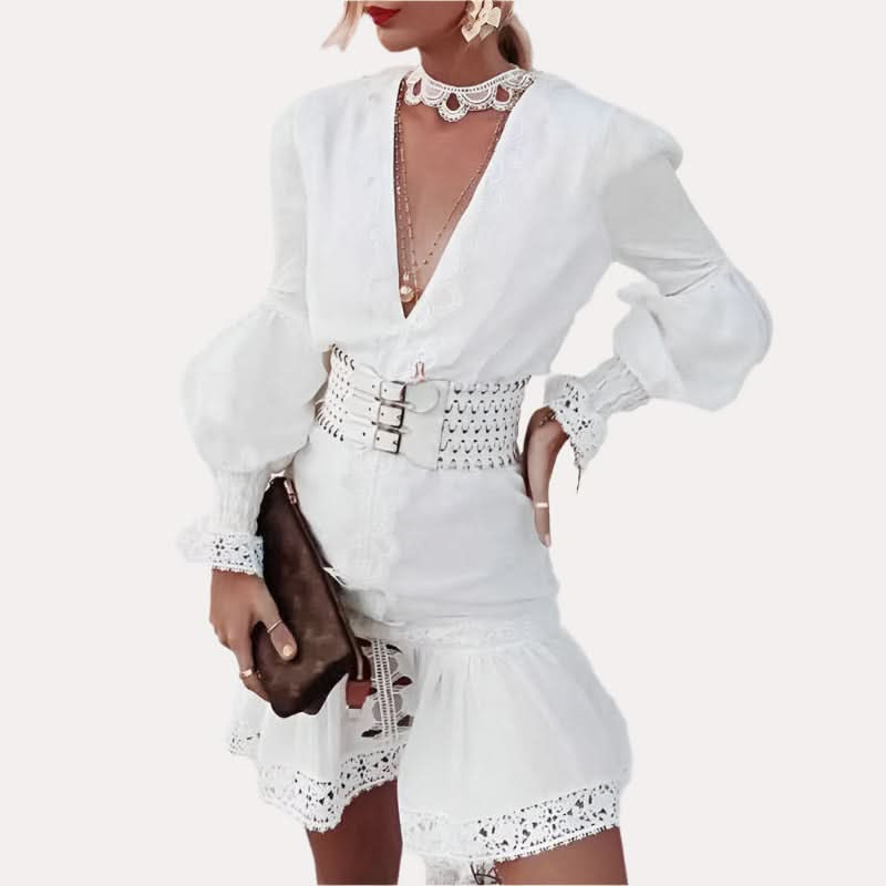 Puff Sleeve Ruffled Waist V Neck Dress - Front View
