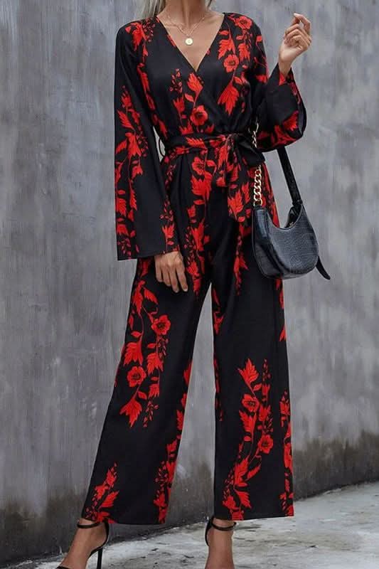 Floral Print Belted Wide Leg Jumpsuit - Detail